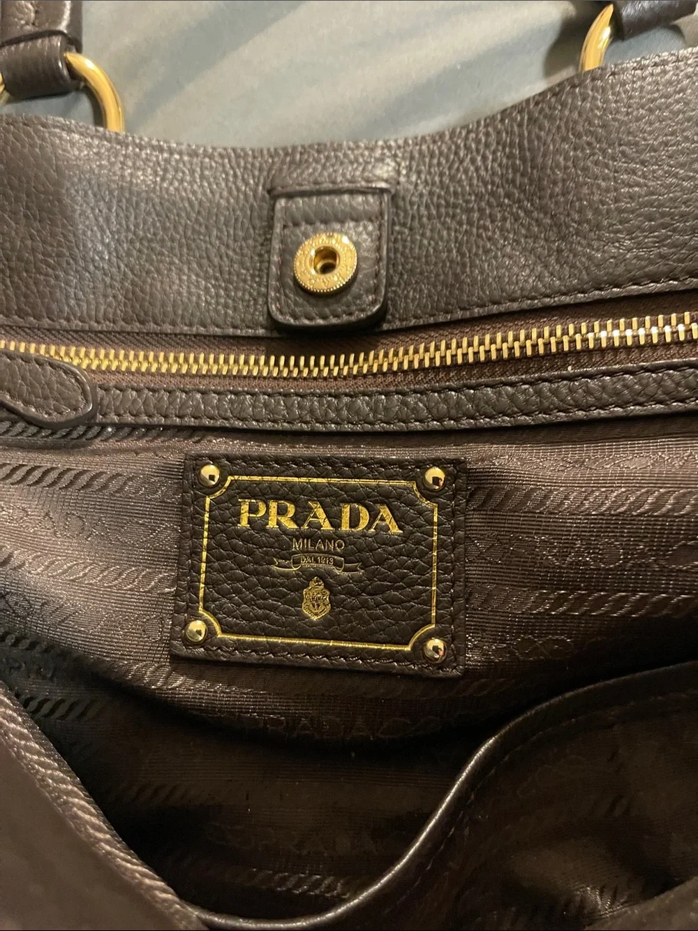 Prada Dark Brown Pebbled Leather Tote with Gold Hardware